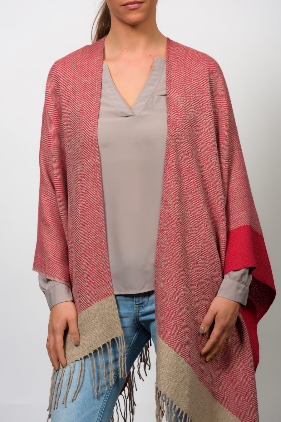 Ethnicrotgrau Damen Poncho Ethnic
